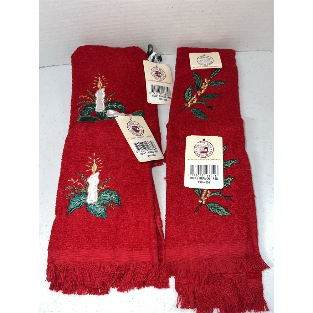 Christmas Fringe Embroidered Fingertip Hand Towels Vtg Lot Of 4 Cannon Cotton